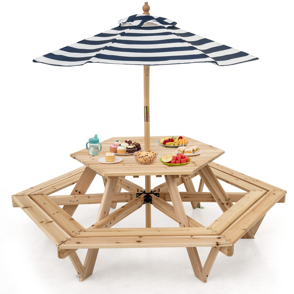 Kids Hexagonal Picnic Table with Umbrella and 6 Benches
