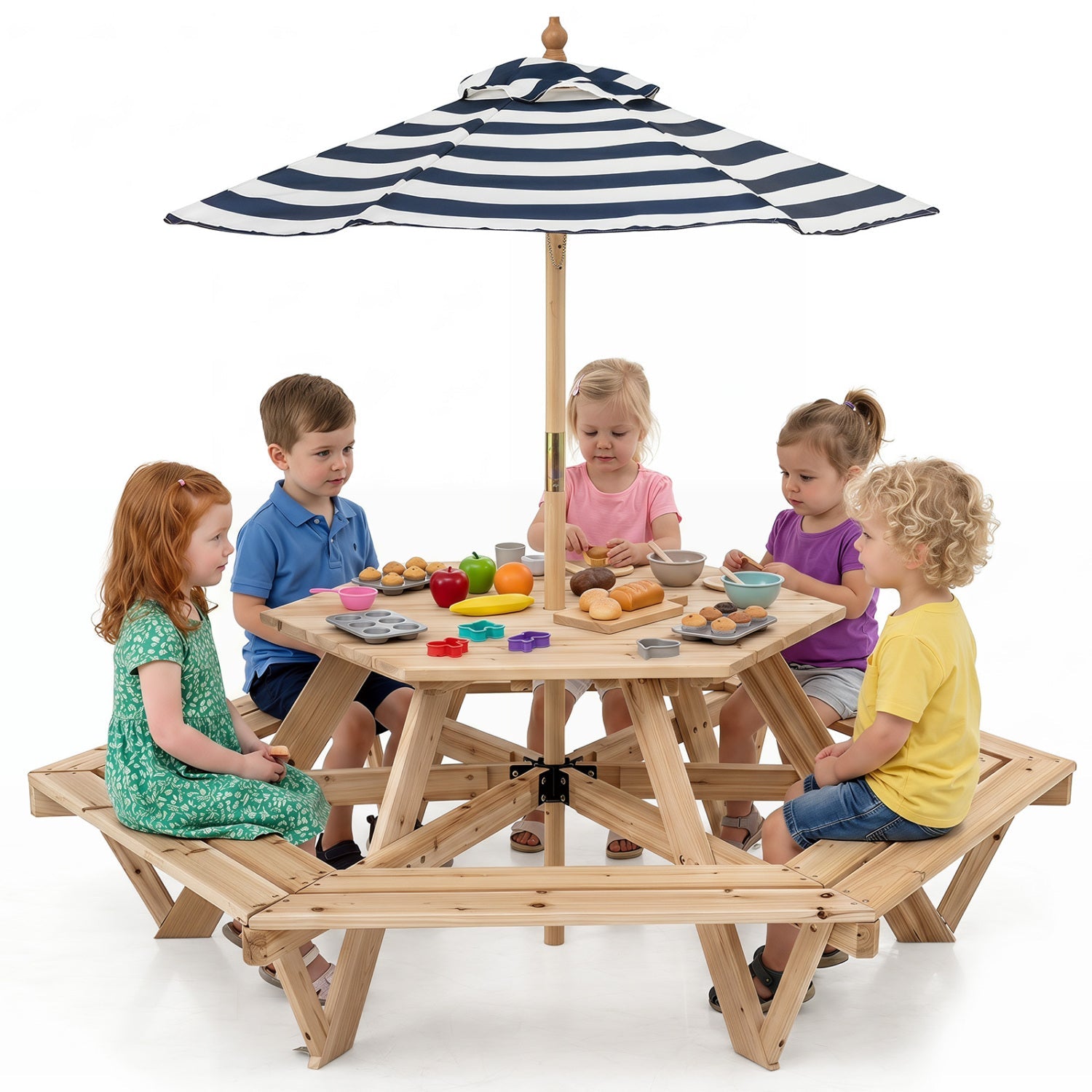 Kids Hexagonal Picnic Table with Umbrella and 6 Benches