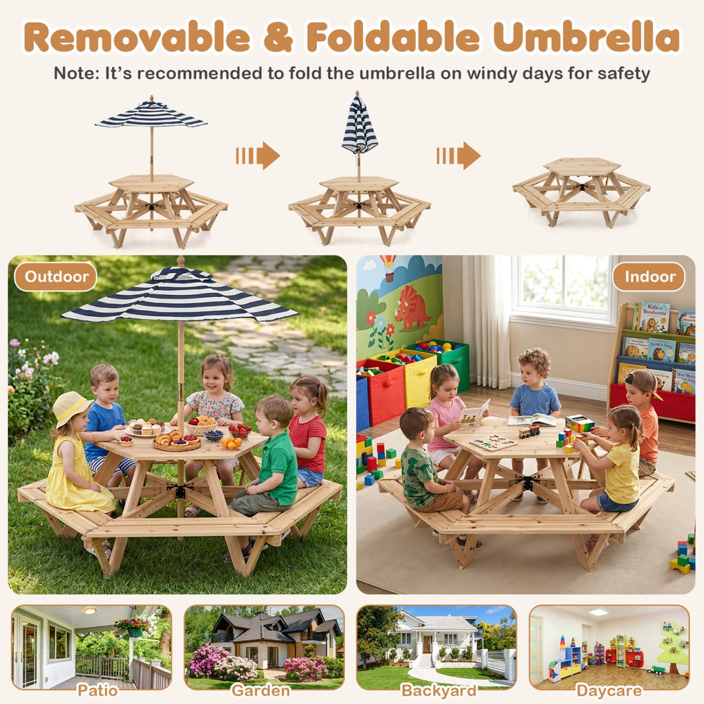 Kids Hexagonal Picnic Table with Umbrella and 6 Benches