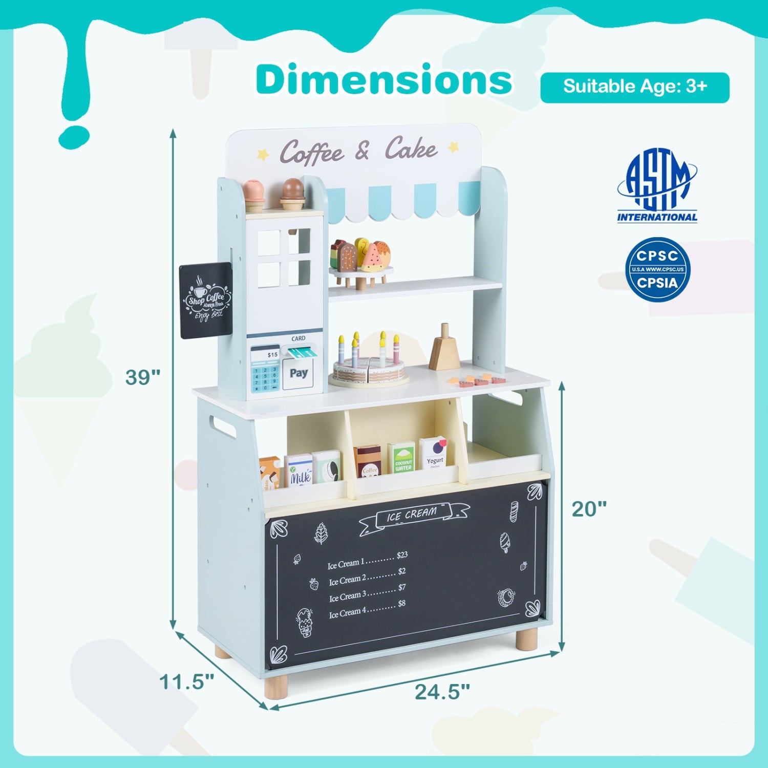 Kids Ice Cream Shop Playset with 27 Accessories - Ages 3+