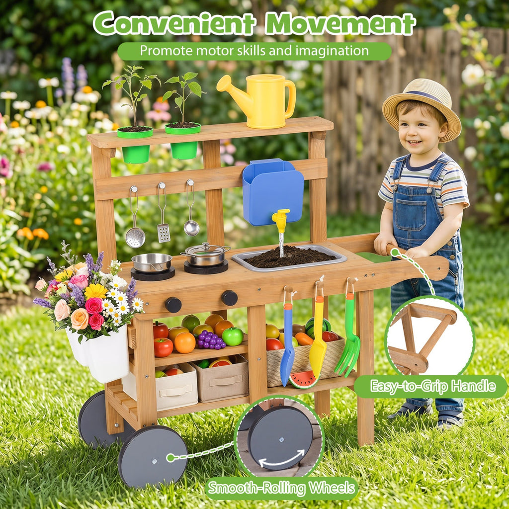 Kids Mud Kitchen with Water Tank, Sink & 15 Accessories