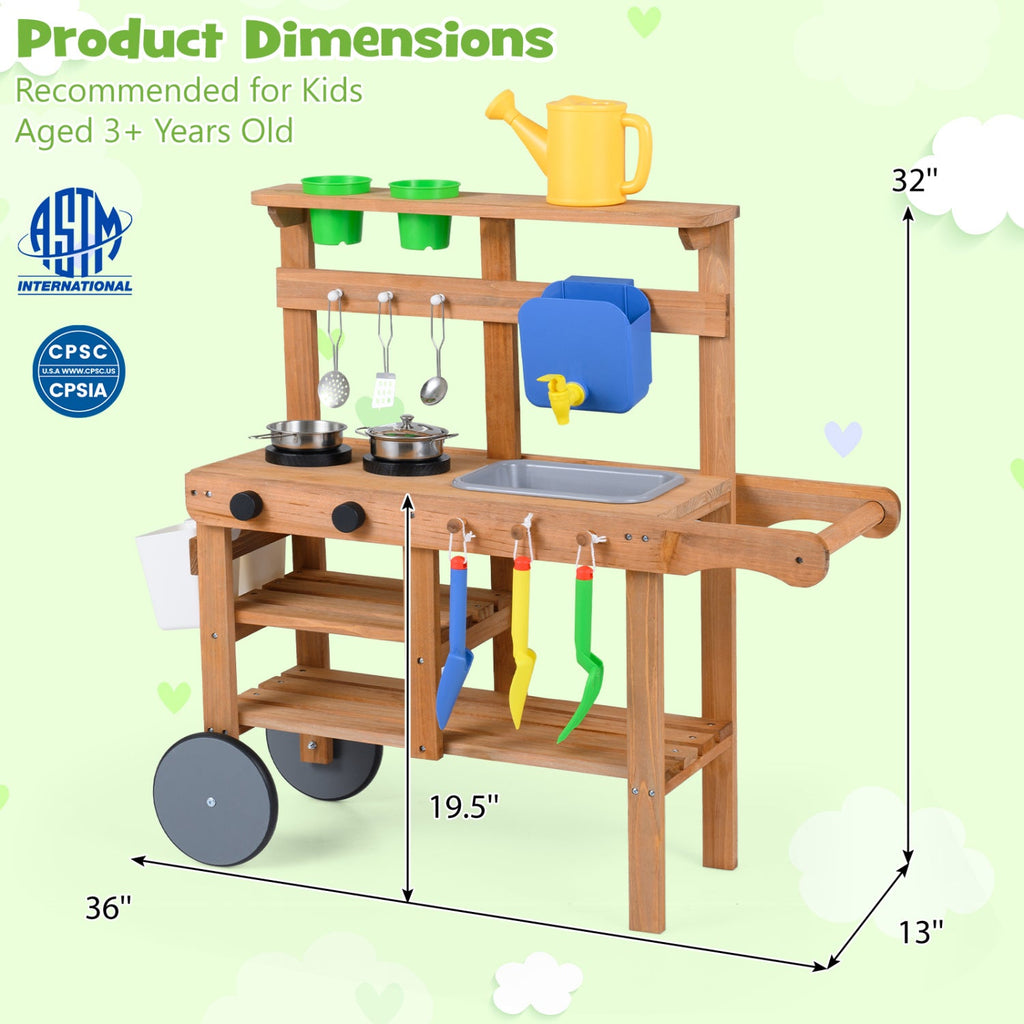 Kids Mud Kitchen with Water Tank, Sink & 15 Accessories