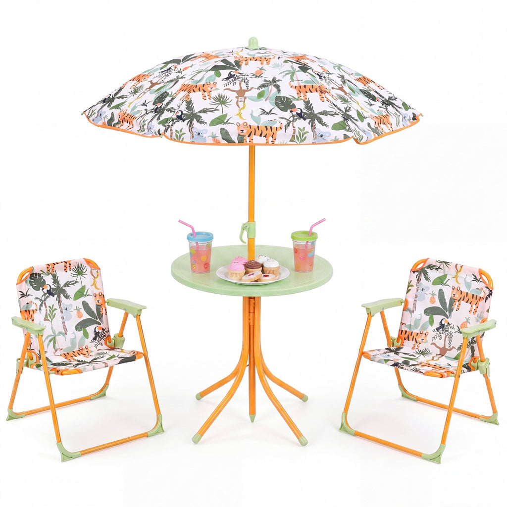 Kids Outdoor Table and Chair Set with 2 Folding Chairs and Height Adjustable Umbrella