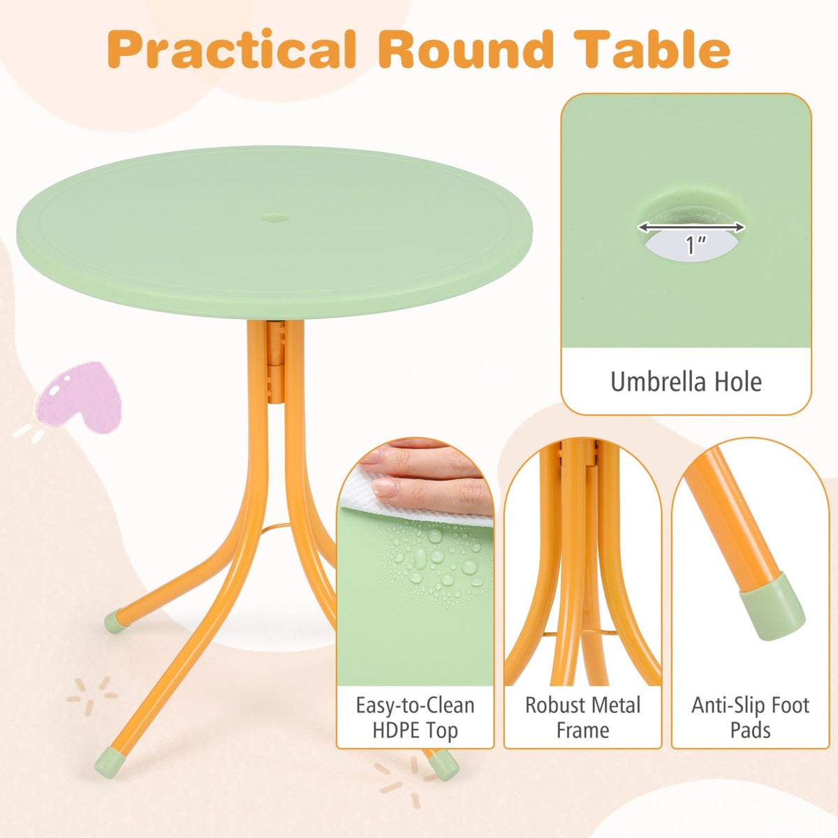 Kids Outdoor Table and Chair Set with 2 Folding Chairs and Height Adjustable Umbrella