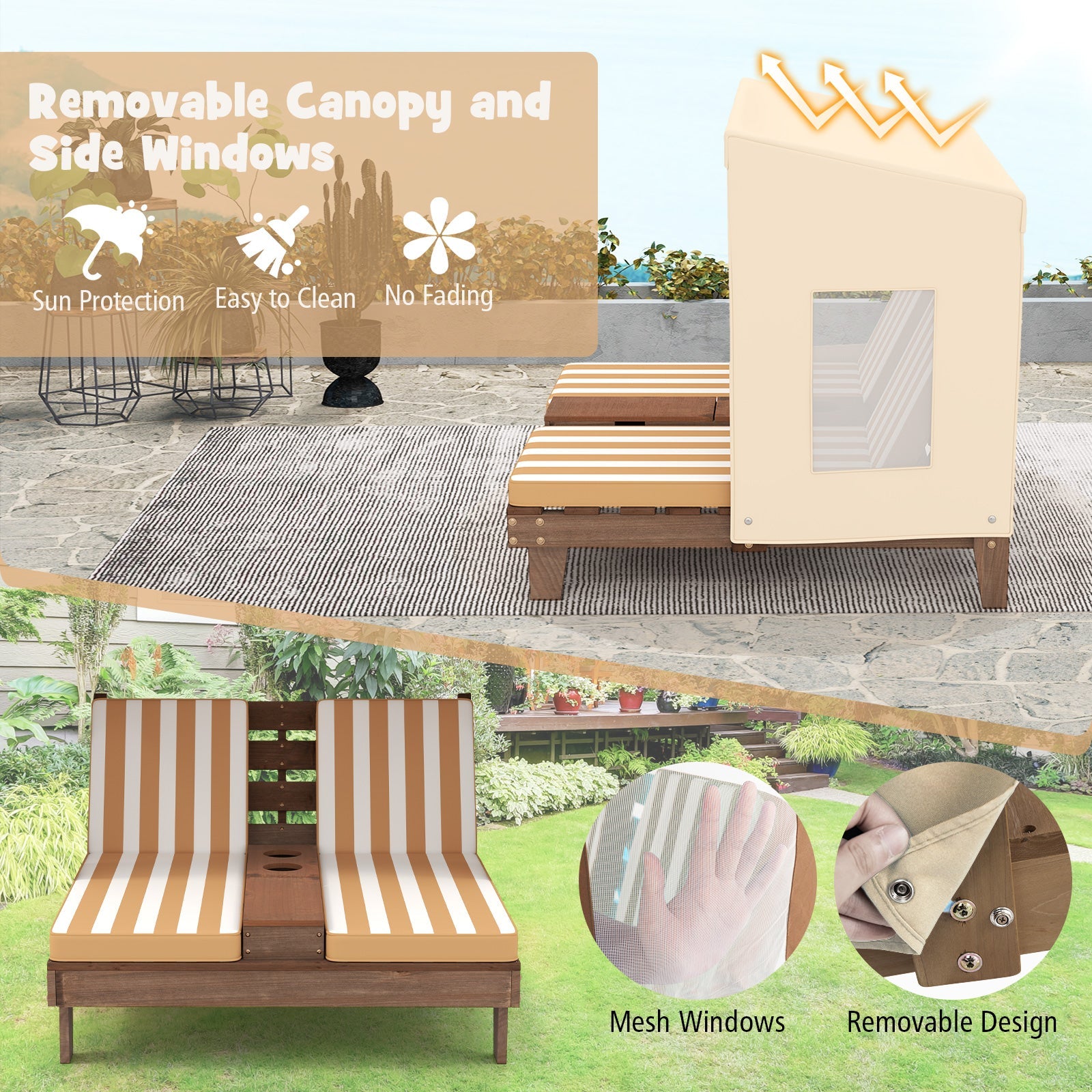 Kids Patio Lounge Chair with Cup Holders and Awning