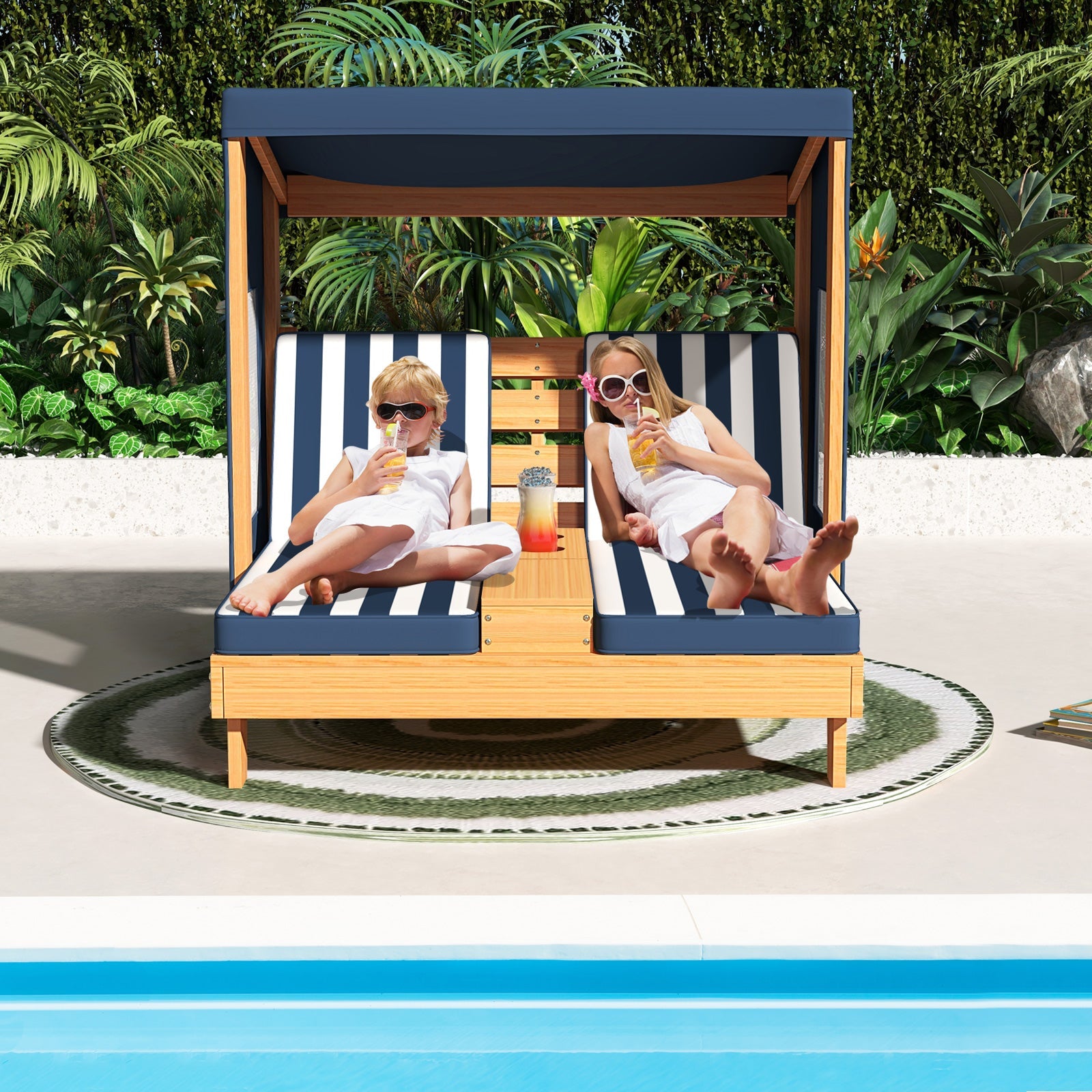 Kids Patio Lounge Chair with Cup Holders and Awning