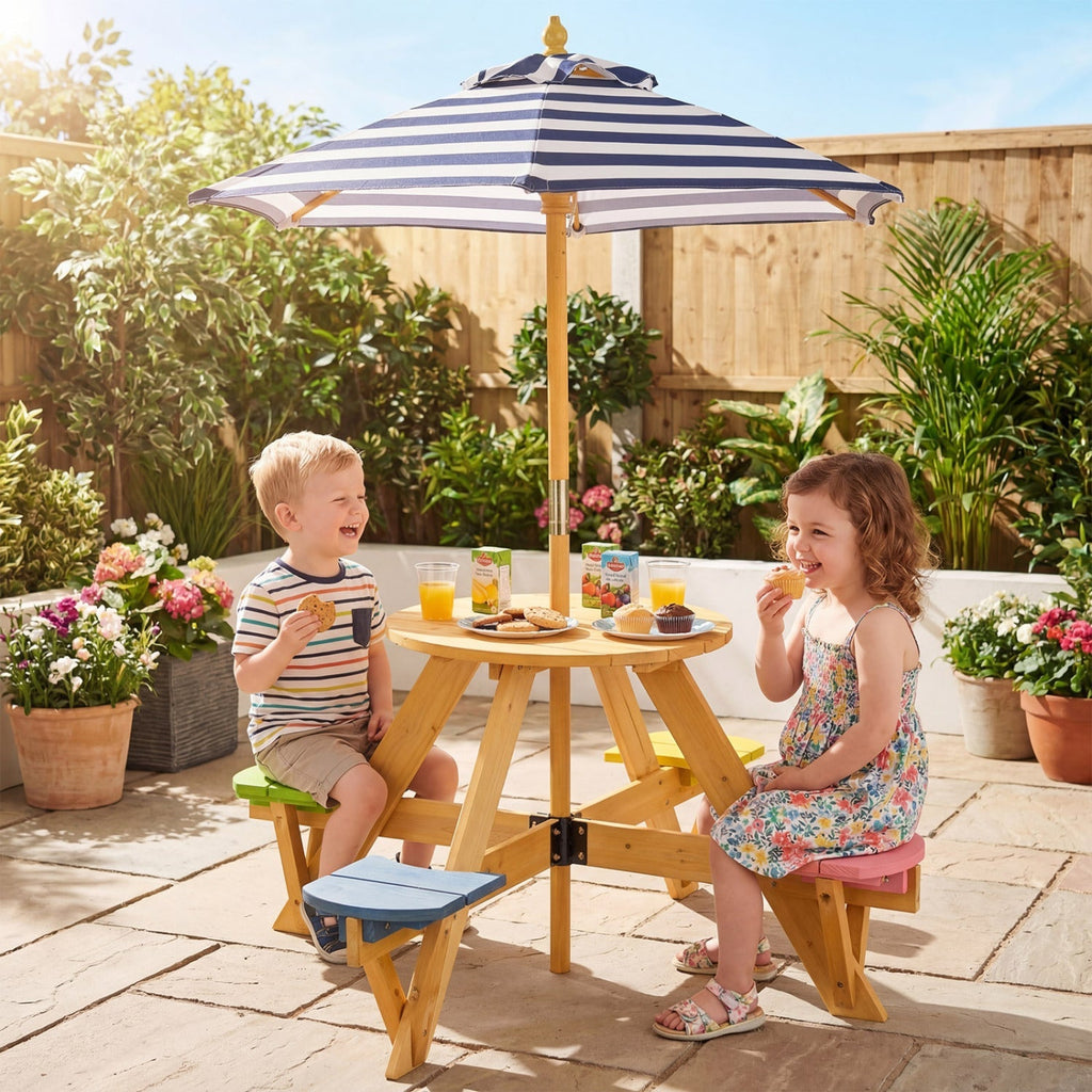 Kids Picnic Table with Stools and Foldable Adjustable Umbrella for Backyard and Patio