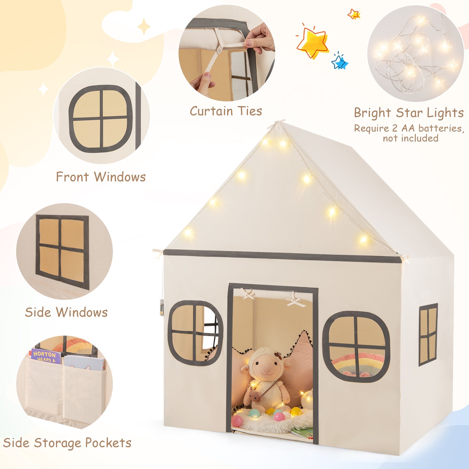 Kids Play Tent Large Playhouse with Door Curtain and Windows Star Lights