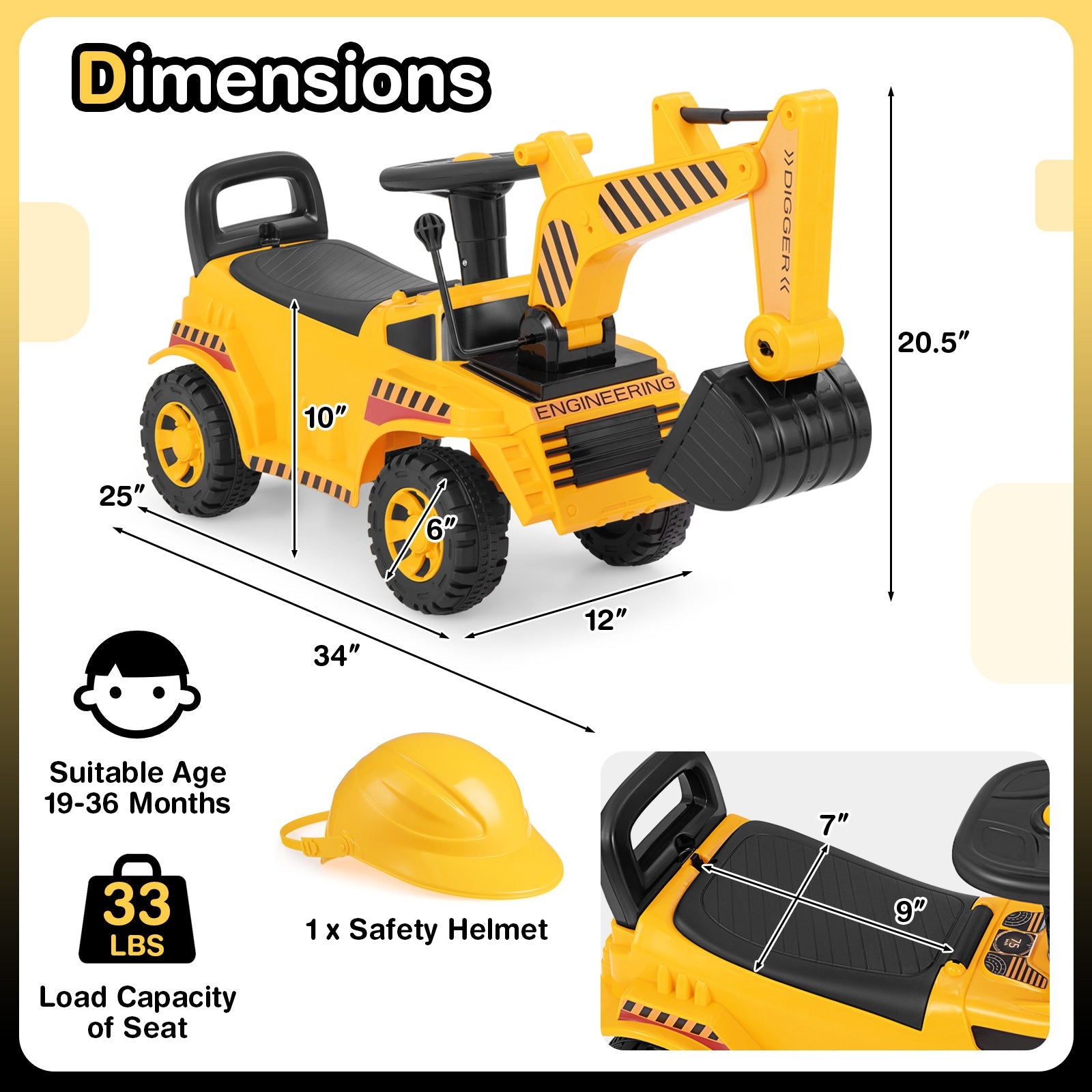 Kids Ride on Excavator with Adjustable Shovel-Yellow