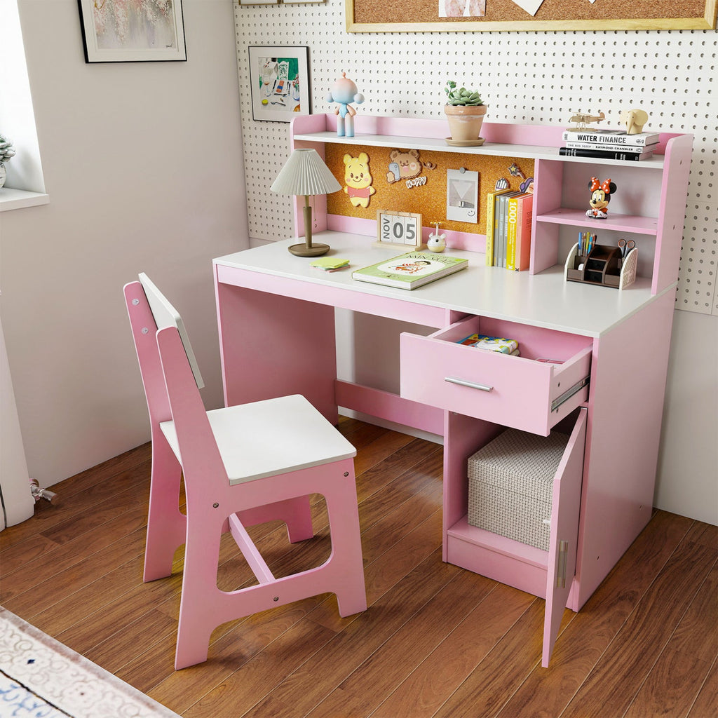 Kids Study Desk and Chair Set with Storage and Bulletin Board