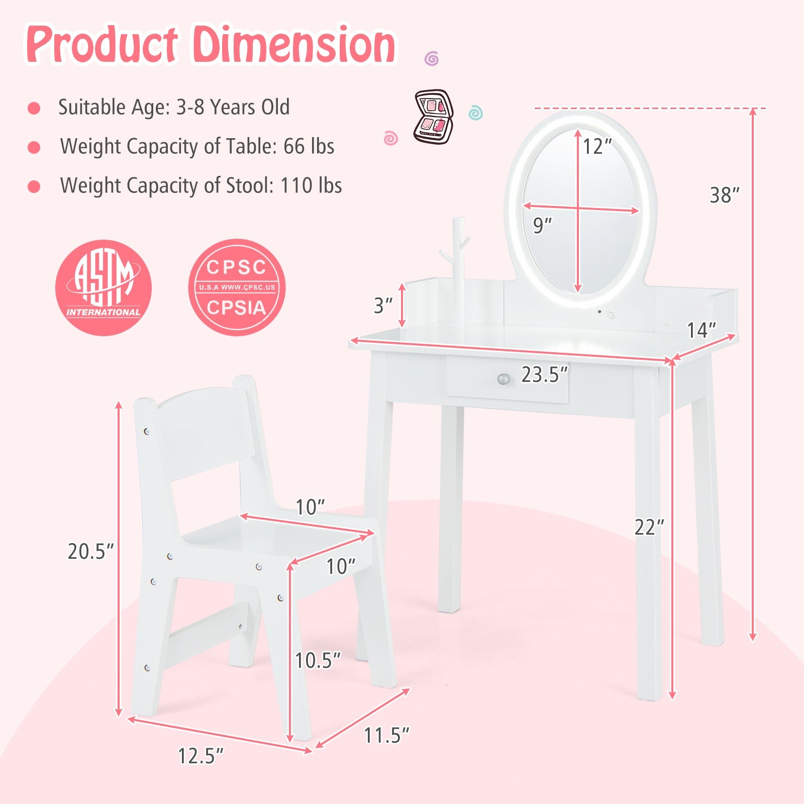 Kids Vanity Set with Lighted Mirror
