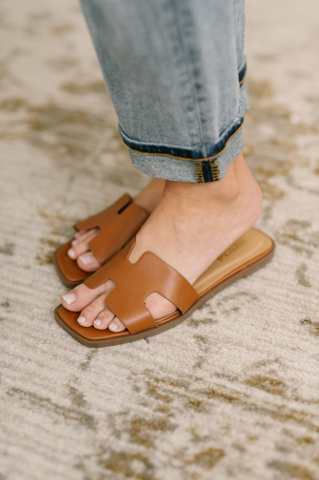 Knit Square Toe Slide on Sandal in Cognac