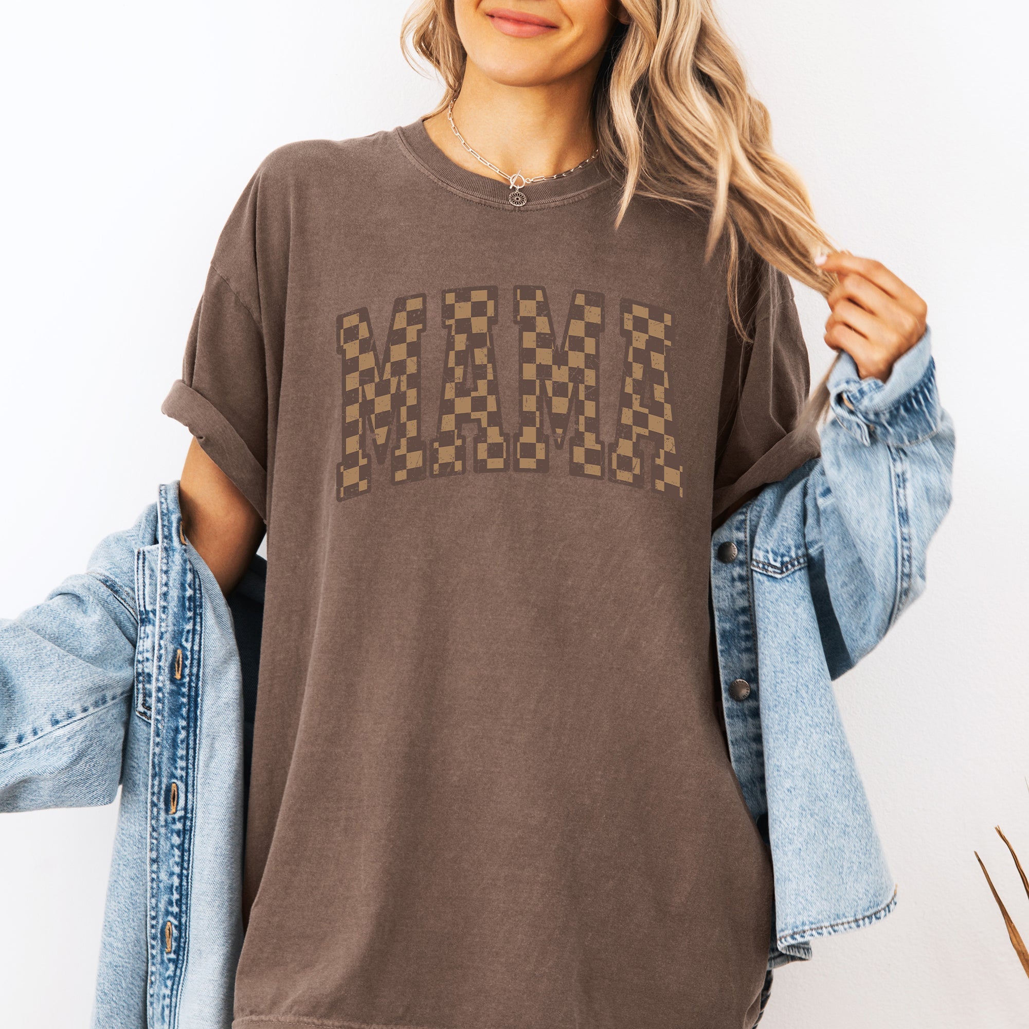 Mama Brown Checkered Retro Varsity Mother's Day Vintage Graphic Print Edition Comfort Colors Tee