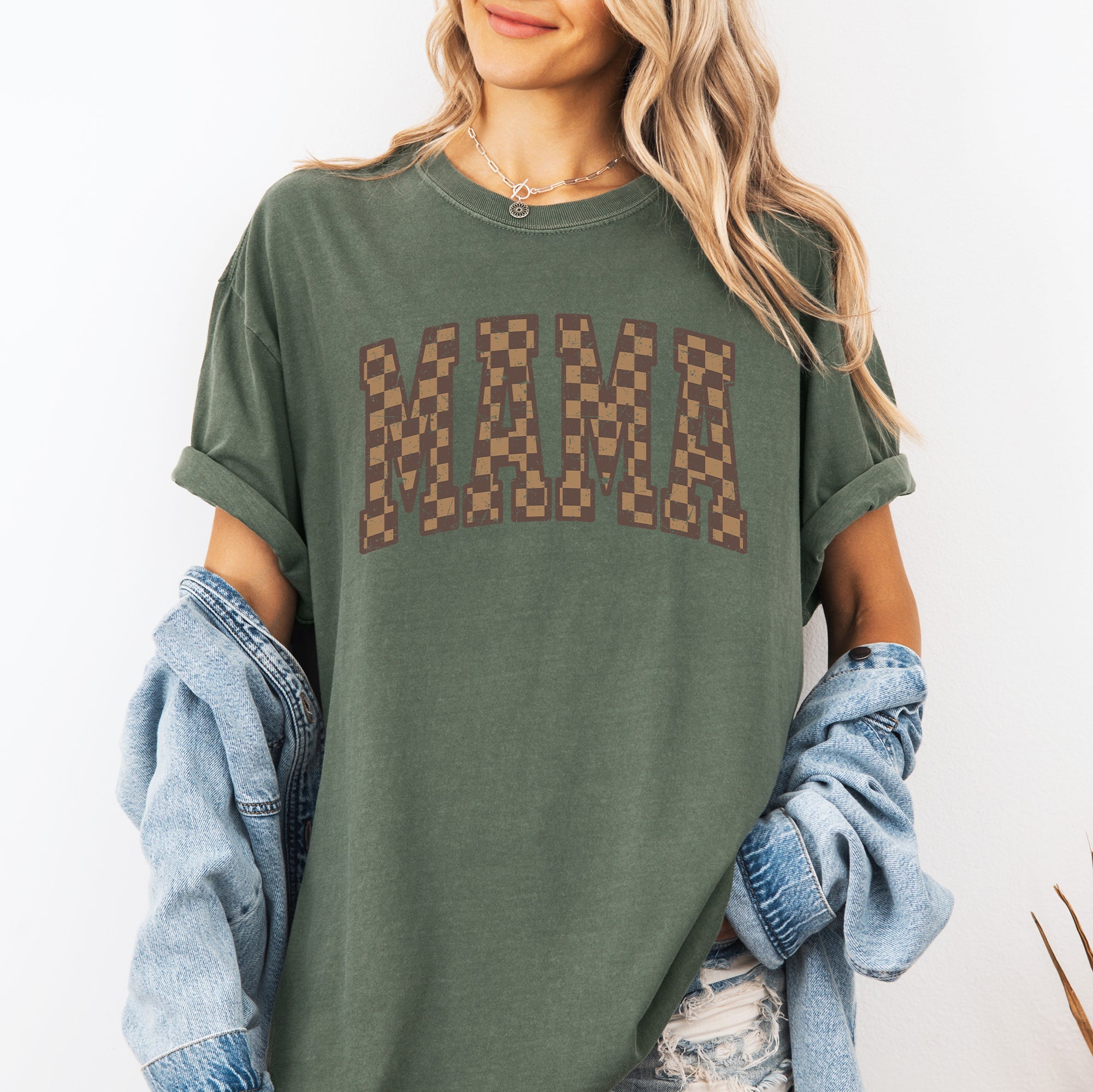 Mama Brown Checkered Retro Varsity Mother's Day Vintage Graphic Print Edition Comfort Colors Tee