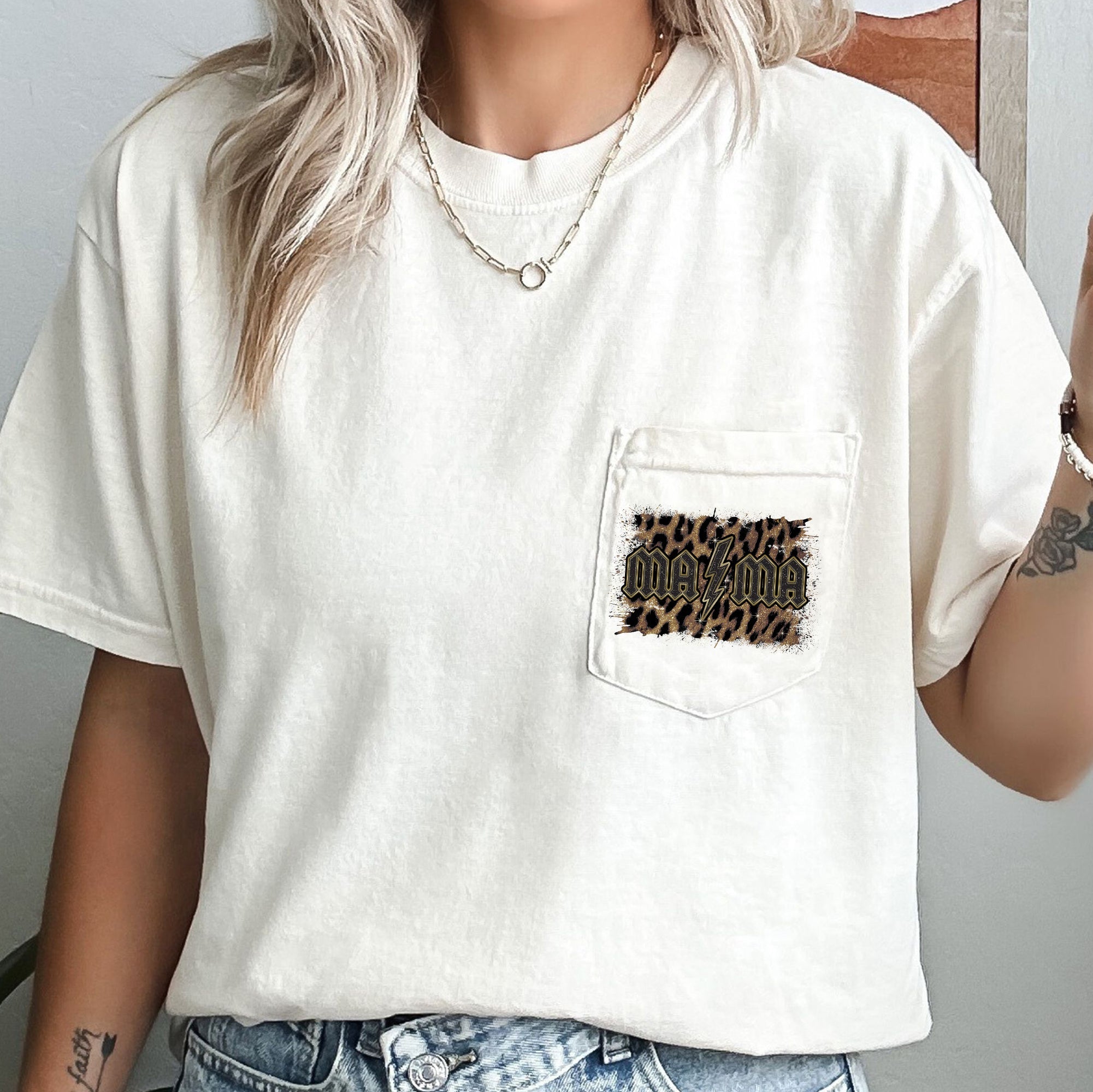 Mama Leopard Print Rock Pocket Bold Vintage Style Mother's Day Edition Comfort Colors Tee