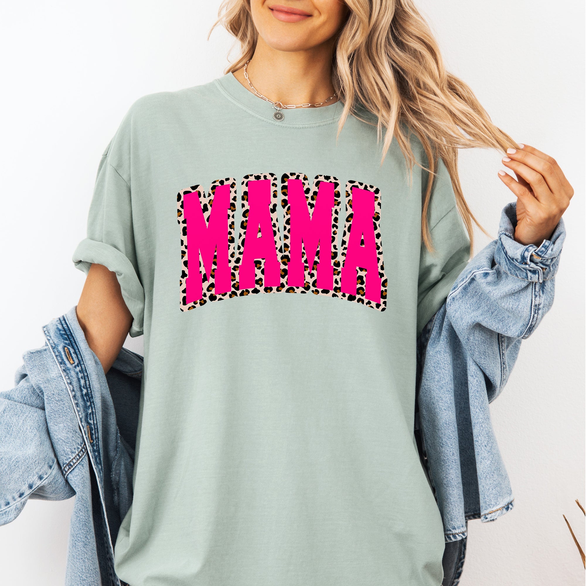Mama Pink Leopard Print Retro Varsity Vintage Mother's Day Graphic Comfort Colors Tee