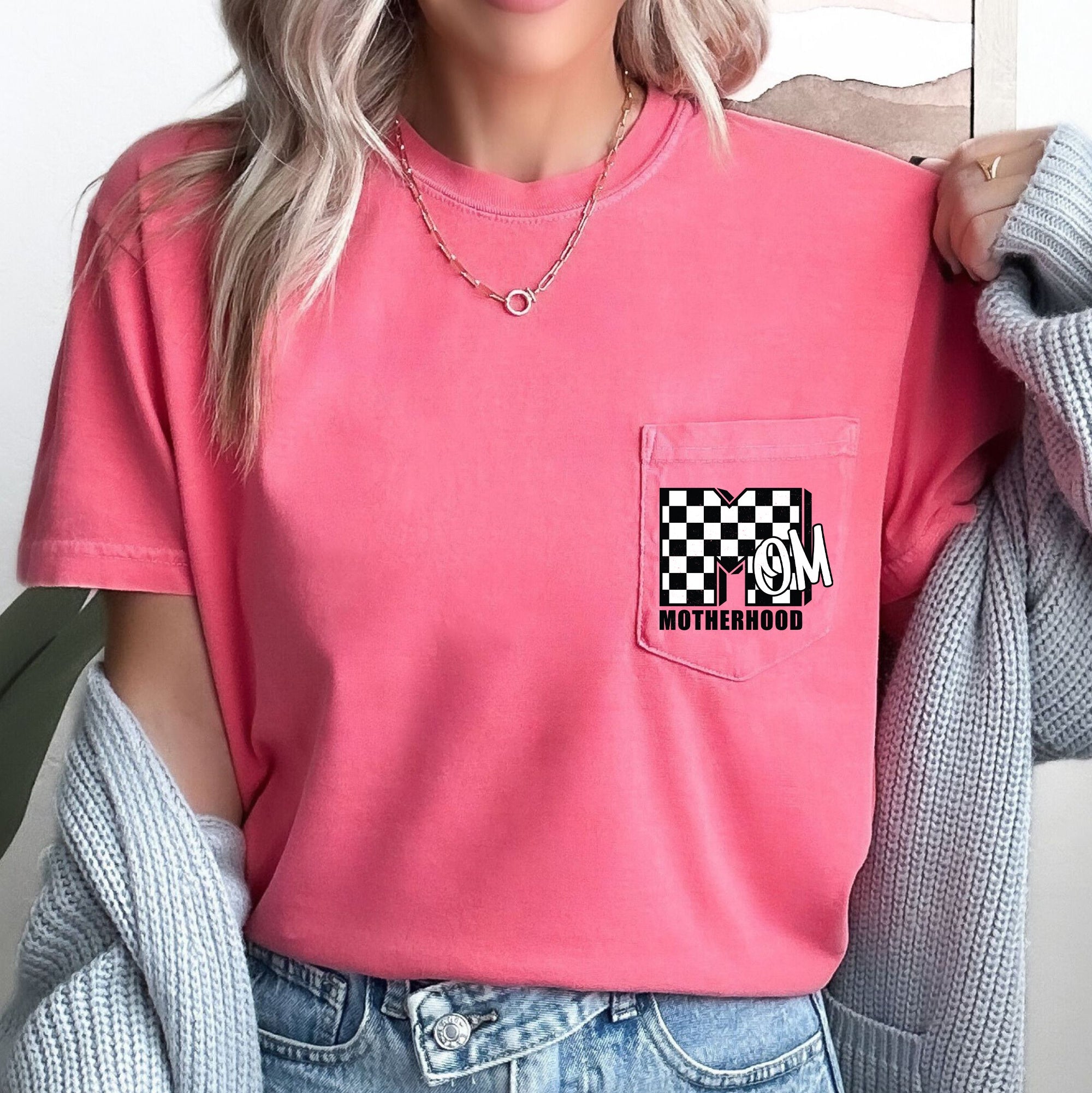 Mom, Motherhood, Retro, Checkered Comfort Colors Pocket Tee Premium Cotton Vintage Look
