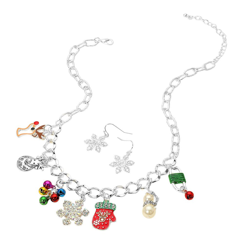 Christmas Mitten Reindeer Pearl Snowflake Charm Station Necklace