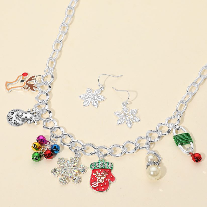 Christmas Mitten Reindeer Pearl Snowflake Charm Station Necklace