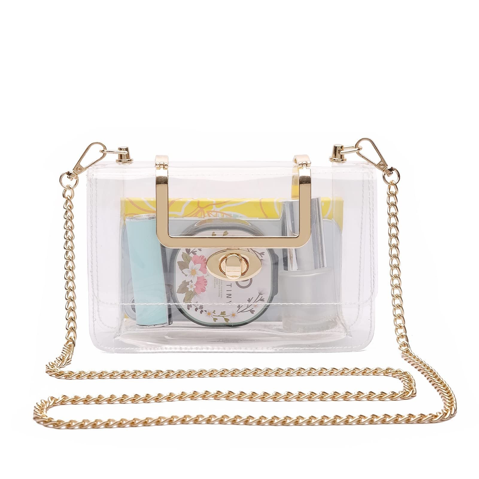 Women's Transparent evening Clutch Bag – Stylish Clear Crossbody Shoulder purse with Removable Gold Chain Strap