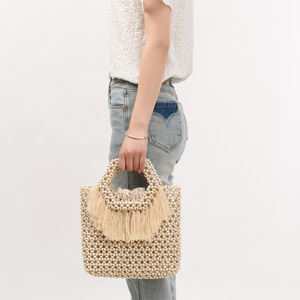 Beach Vacation Wooden Bead Bag – Handwoven Women's Travel Tote, Fringe Boho Handbag