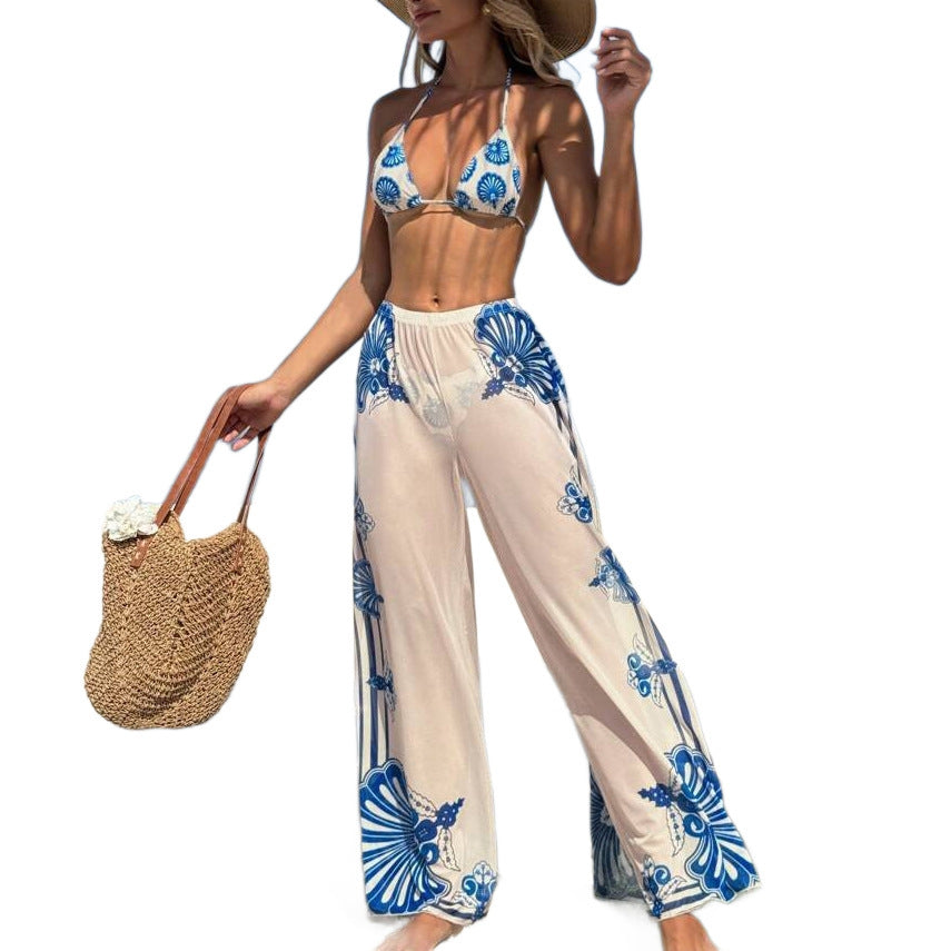 3 Piece Short Apron Bikini with Floral Print and Tie Straps Women's Swimwear