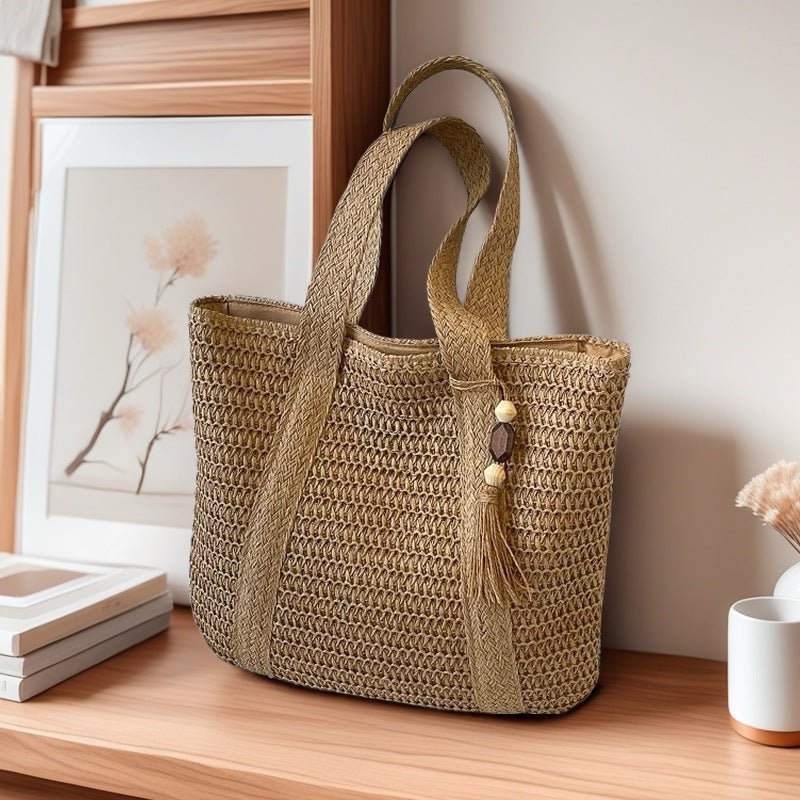 Wooden Bead Tassel Handwoven Bag – Large Straw Tote, Vacation Beach Shoulder & Hand Purse