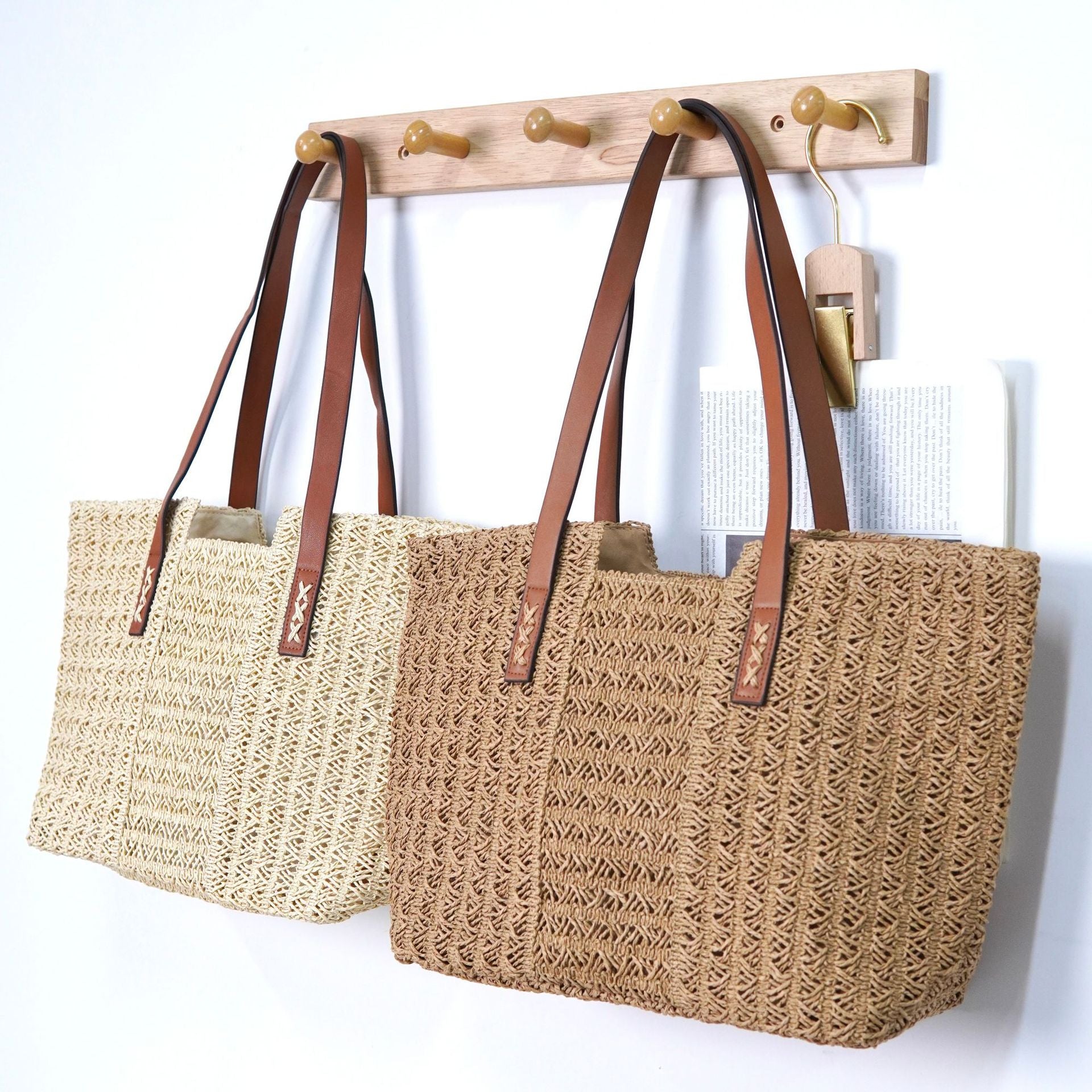 Patchwork Woven Shoulder Bag – Oversized Beach Vacation Tote, Women's Straw Purse