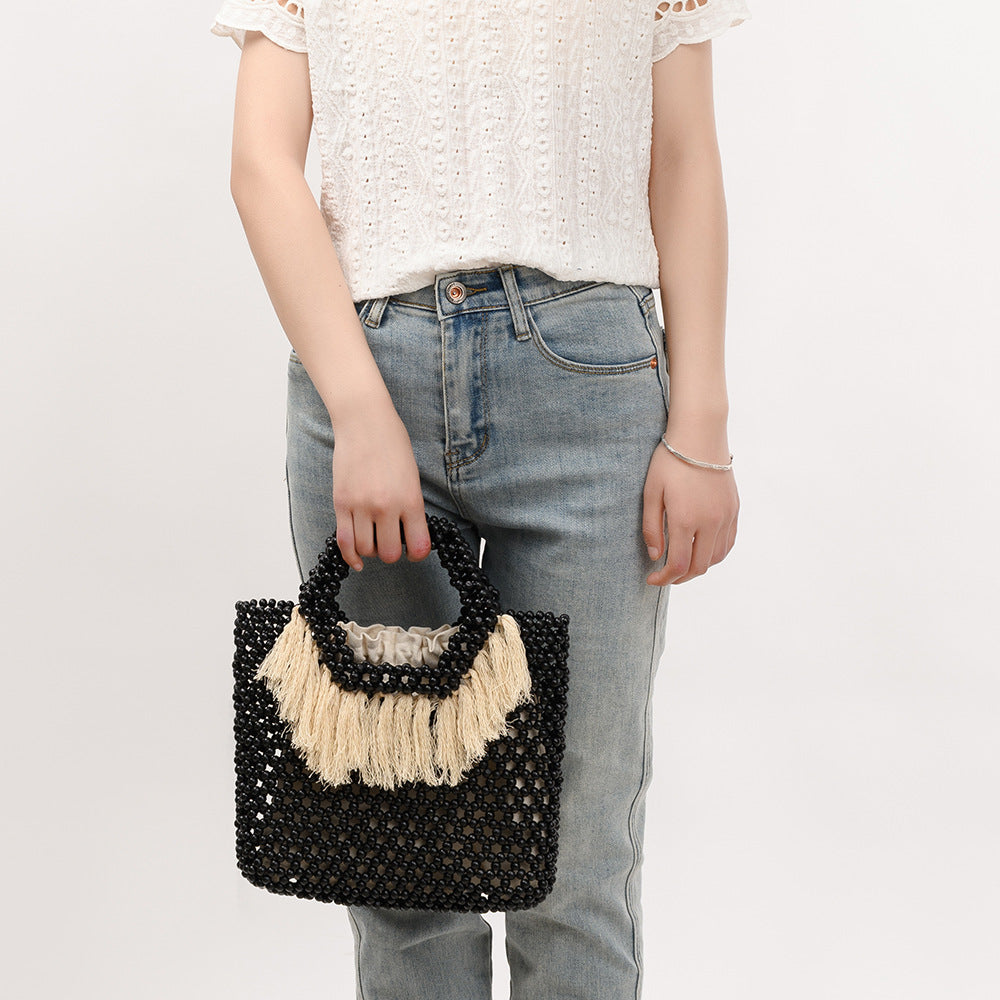 Beach Vacation Wooden Bead Bag – Handwoven Women's Travel Tote, Fringe Boho Handbag