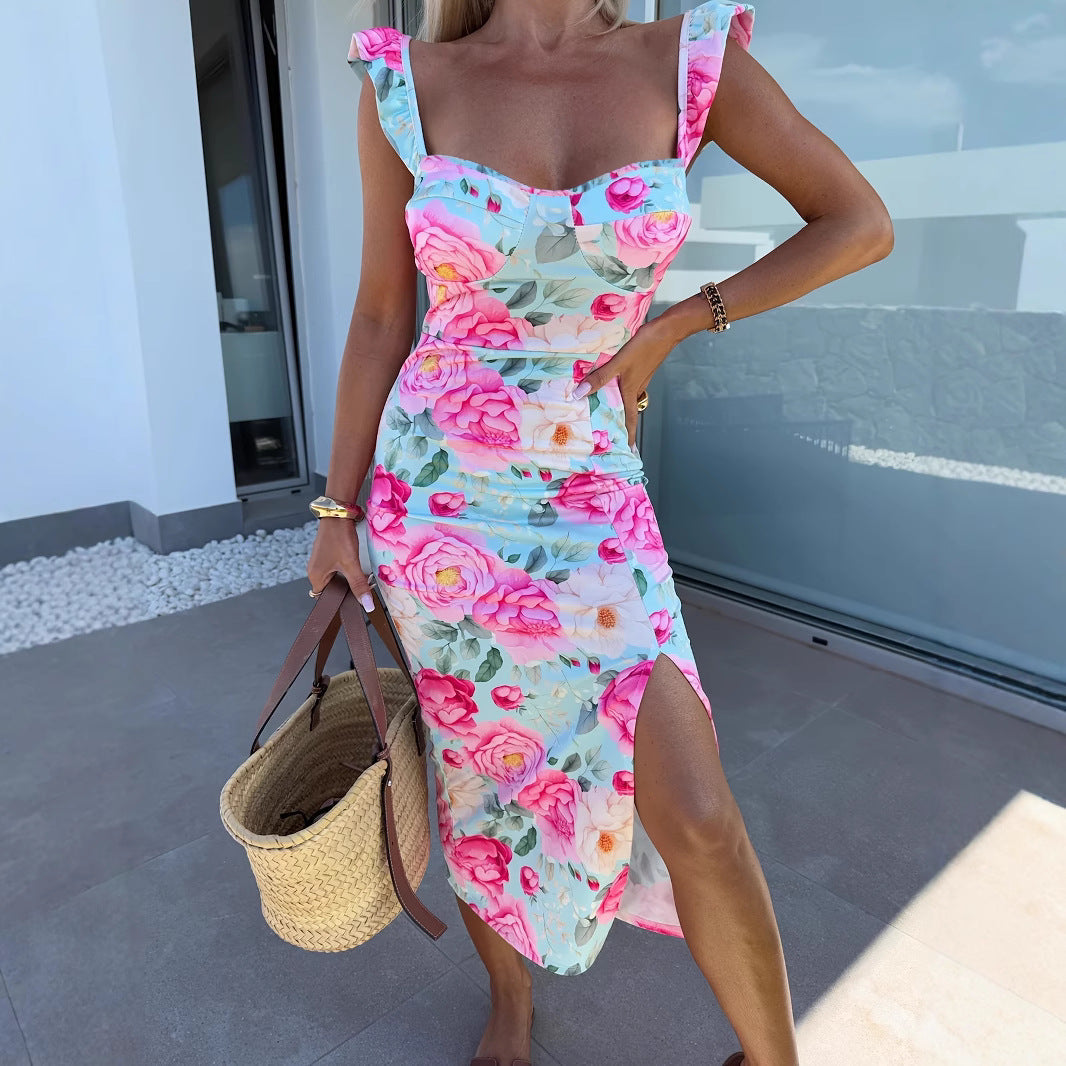 Summer Elegant Design French Floral Spaghetti Strap Slit Midi Dress
