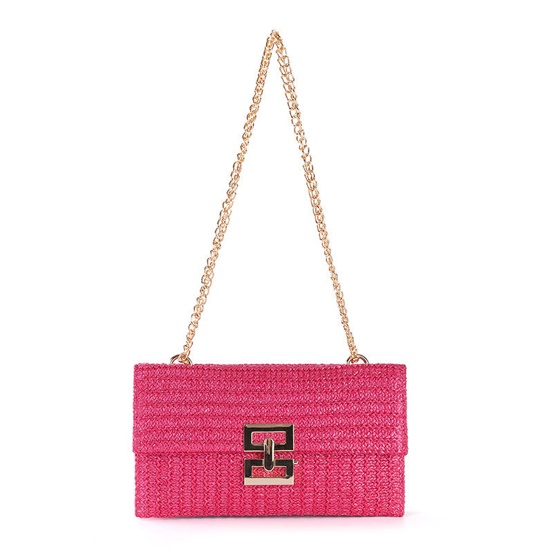 Bag ladies holiday shoulder bag, chain flip lock square purse, straw bag hobo shoulder bag women