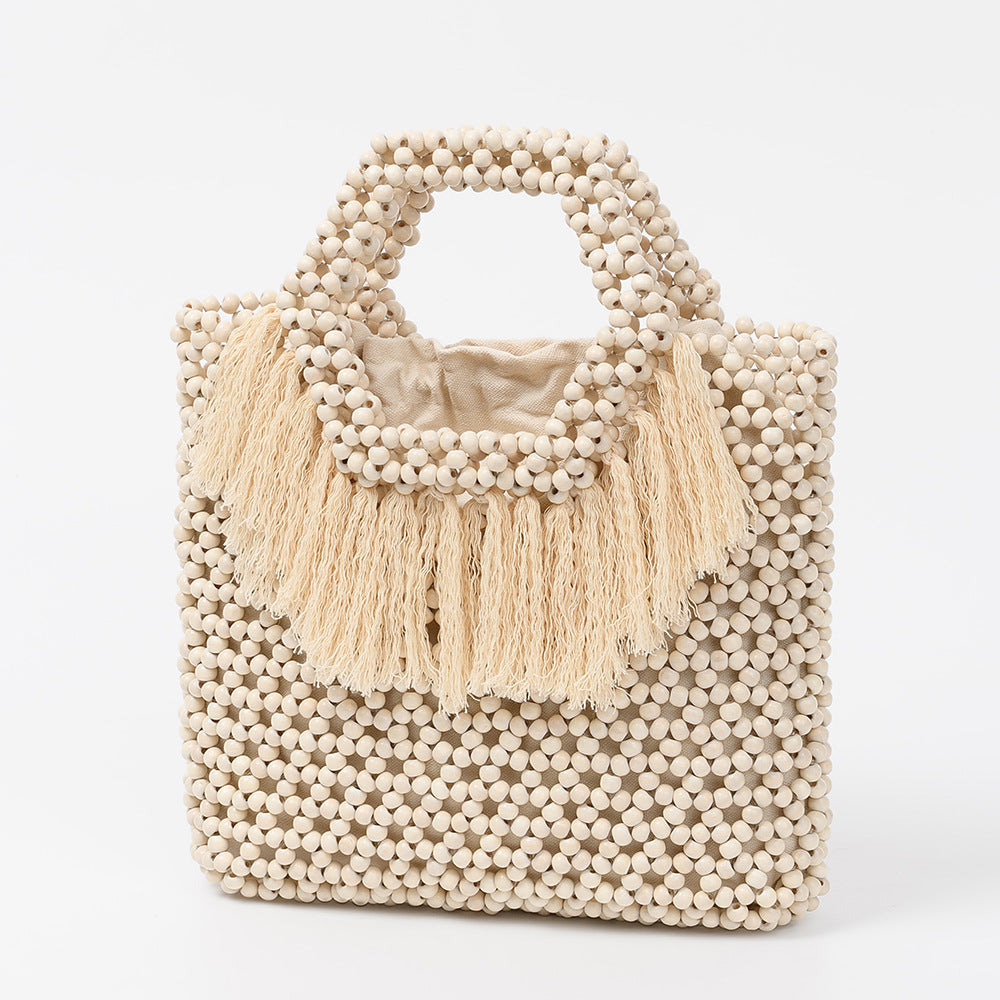Beach Vacation Wooden Bead Bag – Handwoven Women's Travel Tote, Fringe Boho Handbag