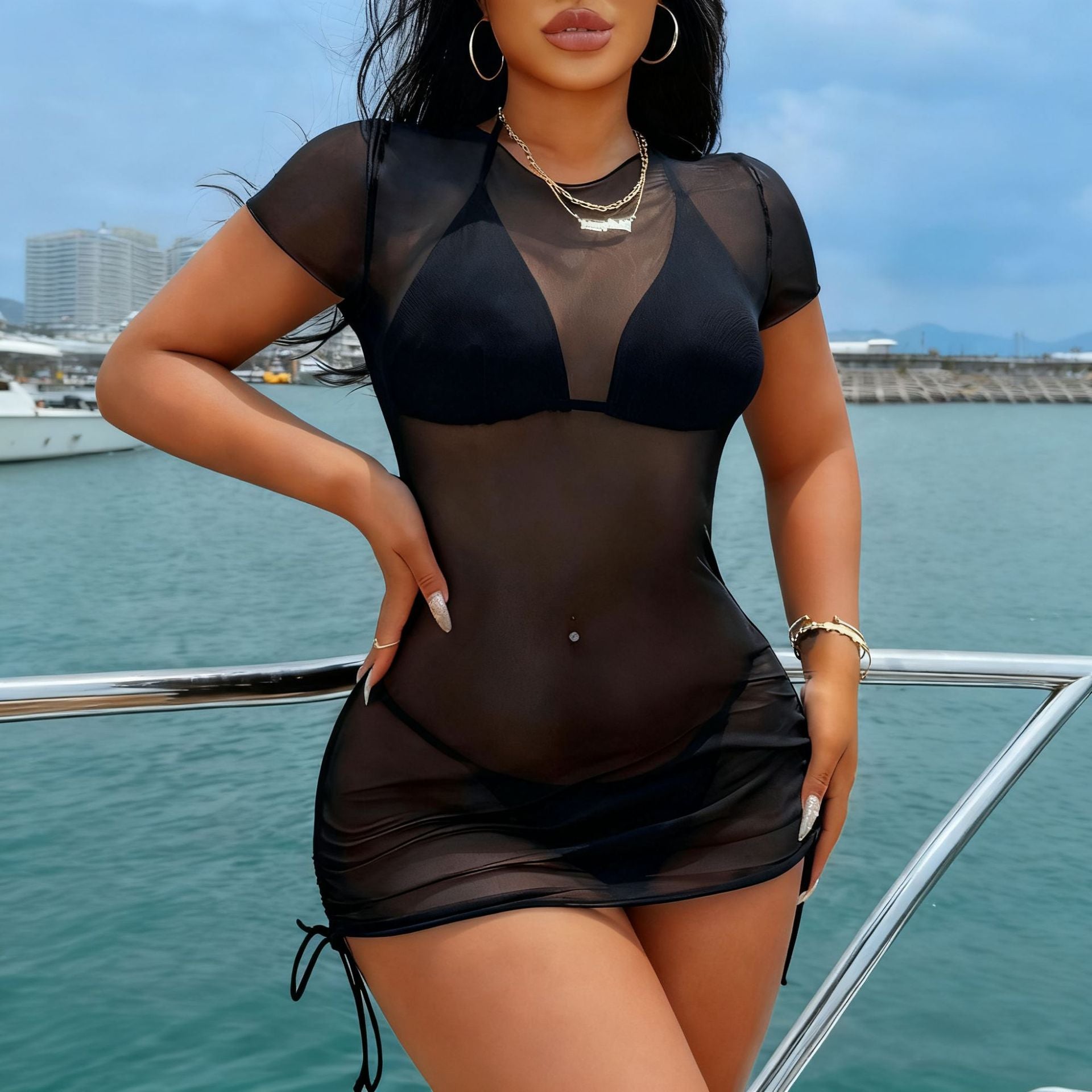Black Bikini Three Piece Cover Up Mesh Sheer Separated Swimsuit Women's Sexy Pure Desire Style Swimwear