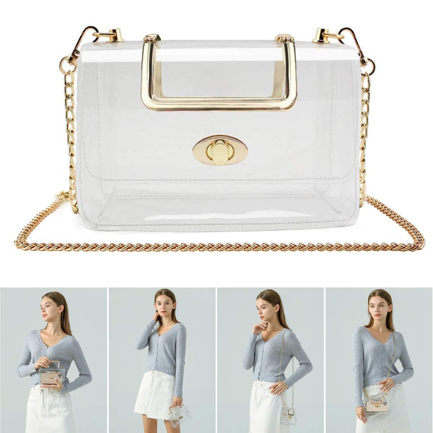 Women's Transparent evening Clutch Bag – Stylish Clear Crossbody Shoulder purse with Removable Gold Chain Strap