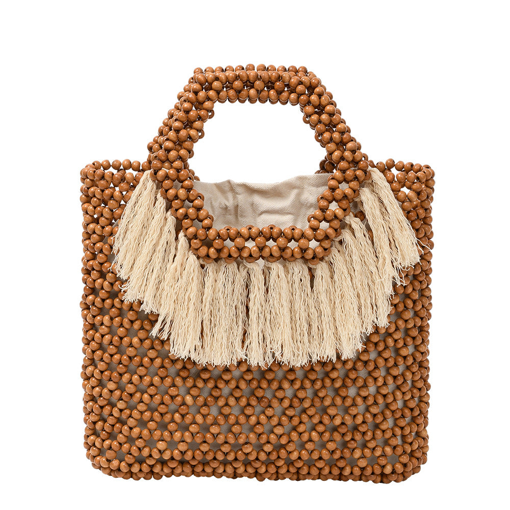 Beach Vacation Wooden Bead Bag – Handwoven Women's Travel Tote, Fringe Boho Handbag