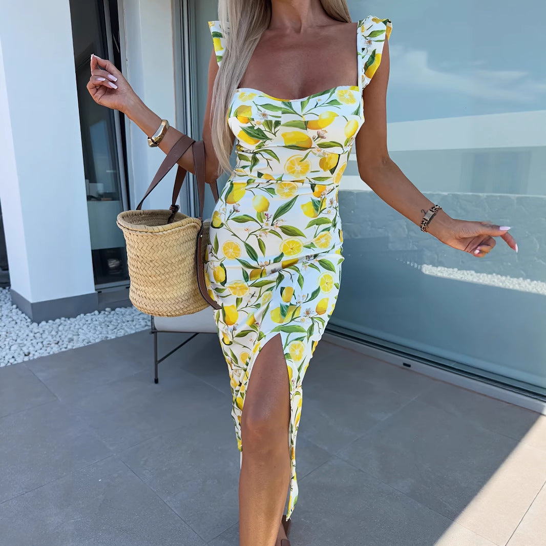 Summer Elegant Design French Floral Spaghetti Strap Slit Midi Dress