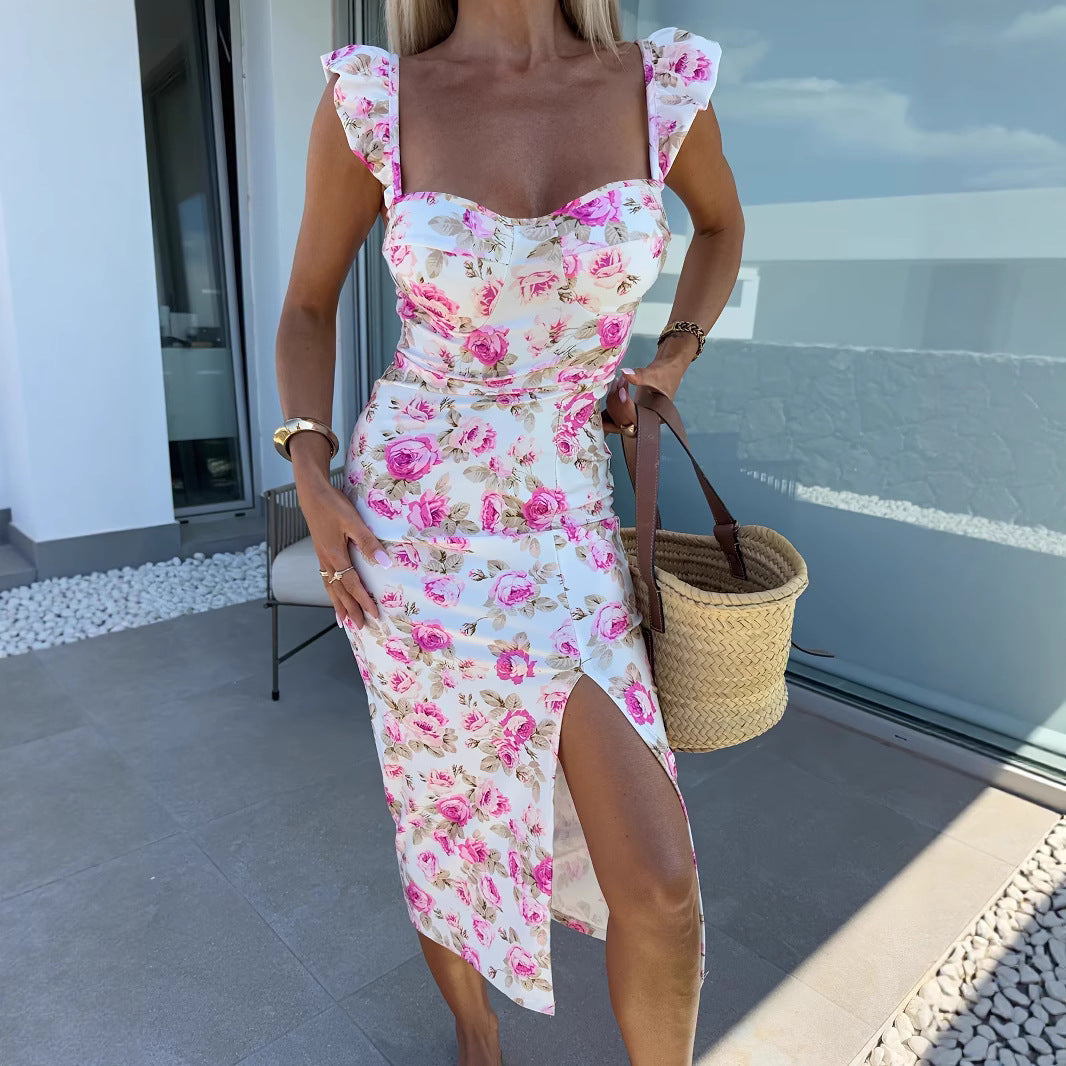 Summer Elegant Design French Floral Spaghetti Strap Slit Midi Dress