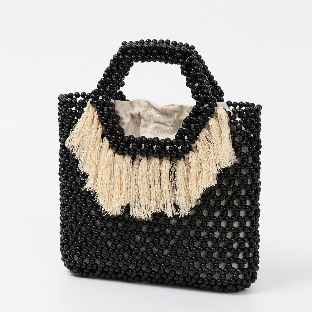 Beach Vacation Wooden Bead Bag – Handwoven Women's Travel Tote, Fringe Boho Handbag