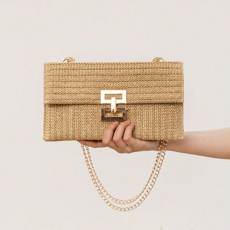 Bag ladies holiday shoulder bag, chain flip lock square purse, straw bag hobo shoulder bag women