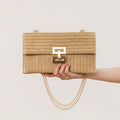 Bag ladies holiday shoulder bag, chain flip lock square purse, straw bag hobo shoulder bag women