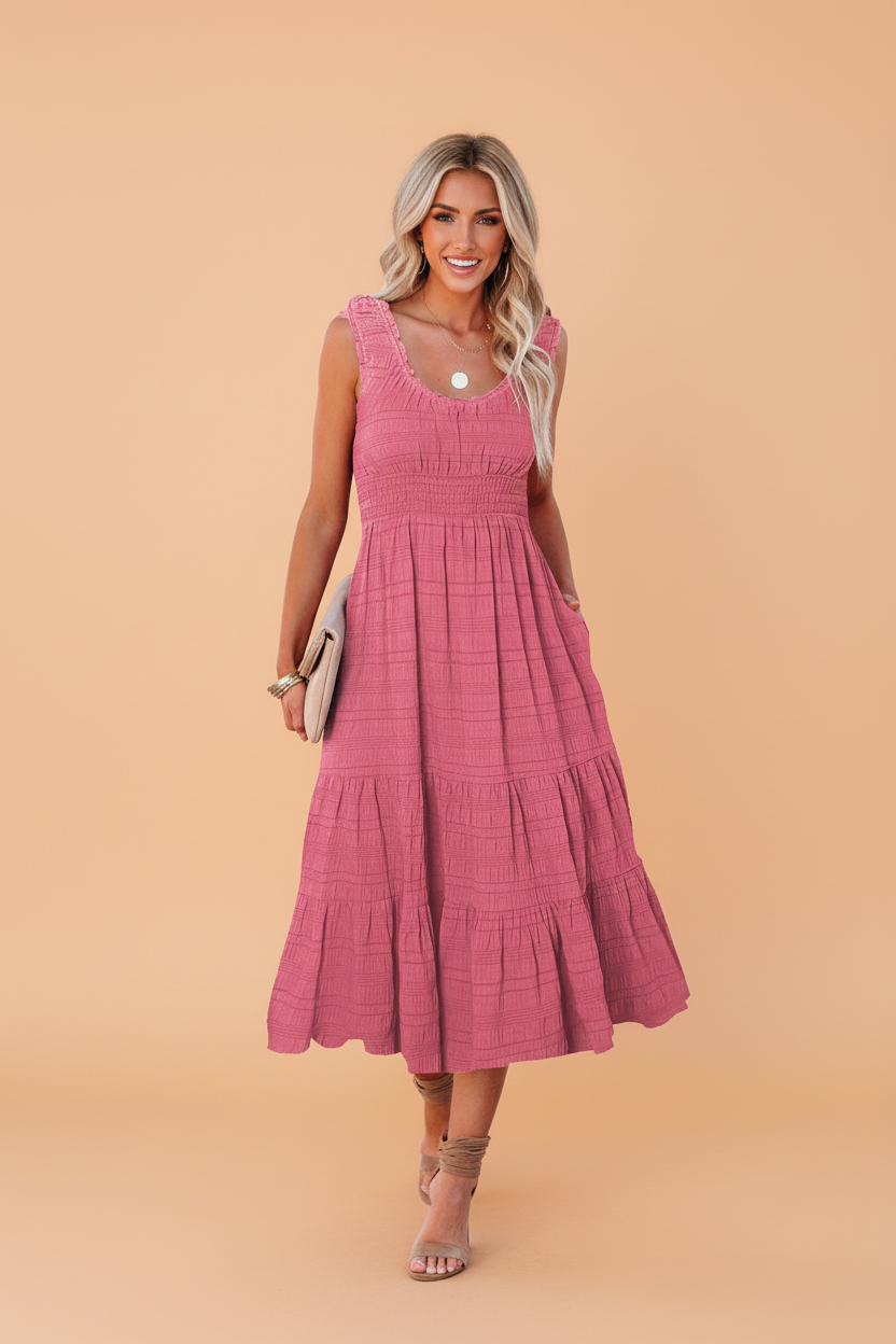 Shirred Pleated Square Neck Sleeveless Midi Dress