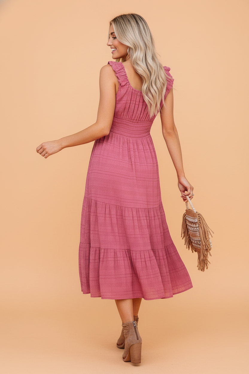 Shirred Pleated Square Neck Sleeveless Midi Dress