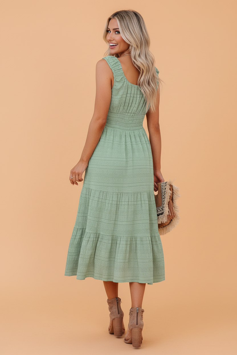 Shirred Pleated Square Neck Sleeveless Midi Dress