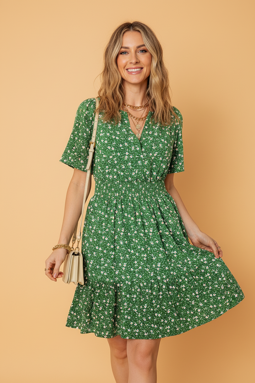 Floral Wrap V-Neck Short Sleeve Mini Dress