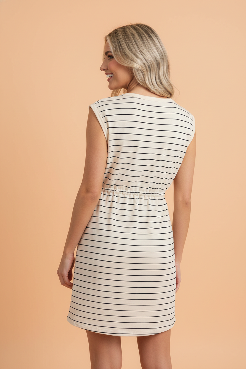 Stripe Drawstring Waist Pocketed Mini Dress