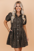 Leopard Denim Short Sleeve Pleated Mini Dress