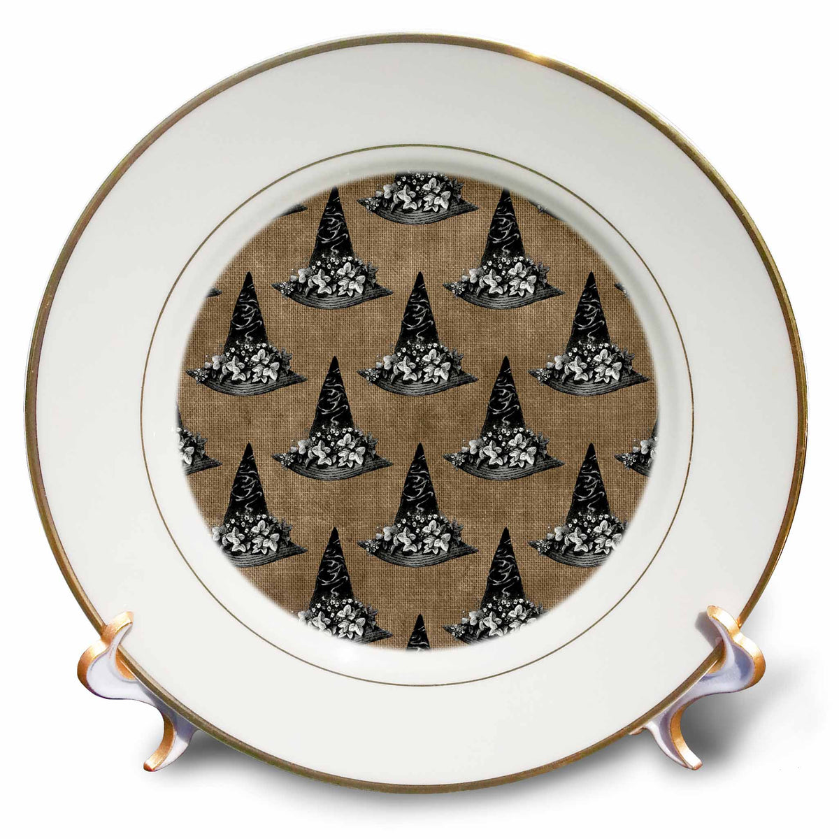 3dRose Cassie Peters Witch Decor - Witch Hats on Burlap Digital Background - Plates (cp_354132)