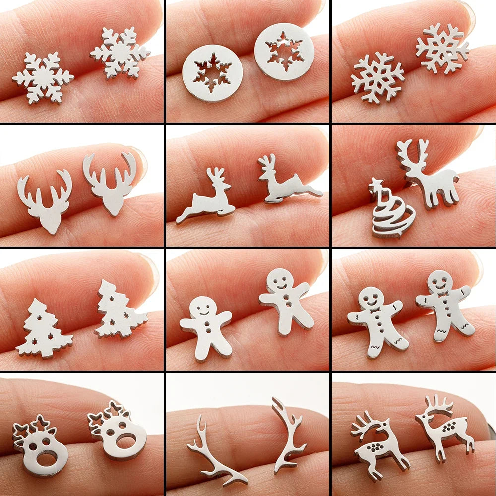 High Quality Stainless Steel Stud Earrings Girl Snowflake Elk Deer Silver Color Tragus Piercing Women'S Earrings Christmas Gifts