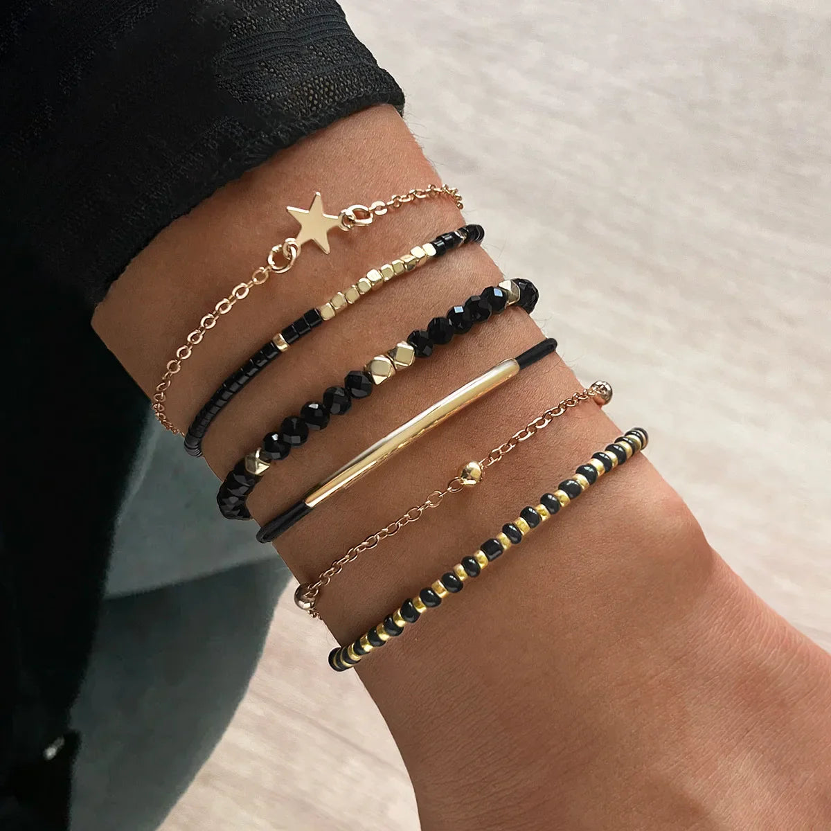 Handmade Black Glass Stone Bracelet Set For Women Simple Braided Rope Beads Chain Bangle Female Fashion Jewelry Accessories