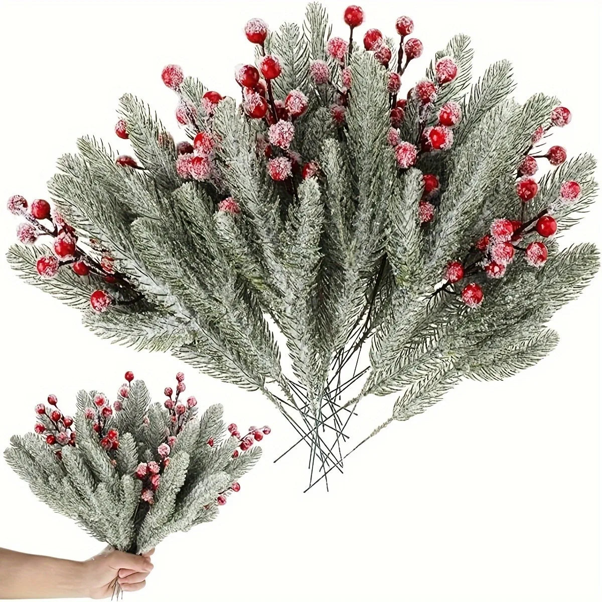 Snow White Artificial Pine Needle Berry Bouquet Christmas Decoration for Xmas Tree Garland Ornament Home Decor New Year DIY Gift